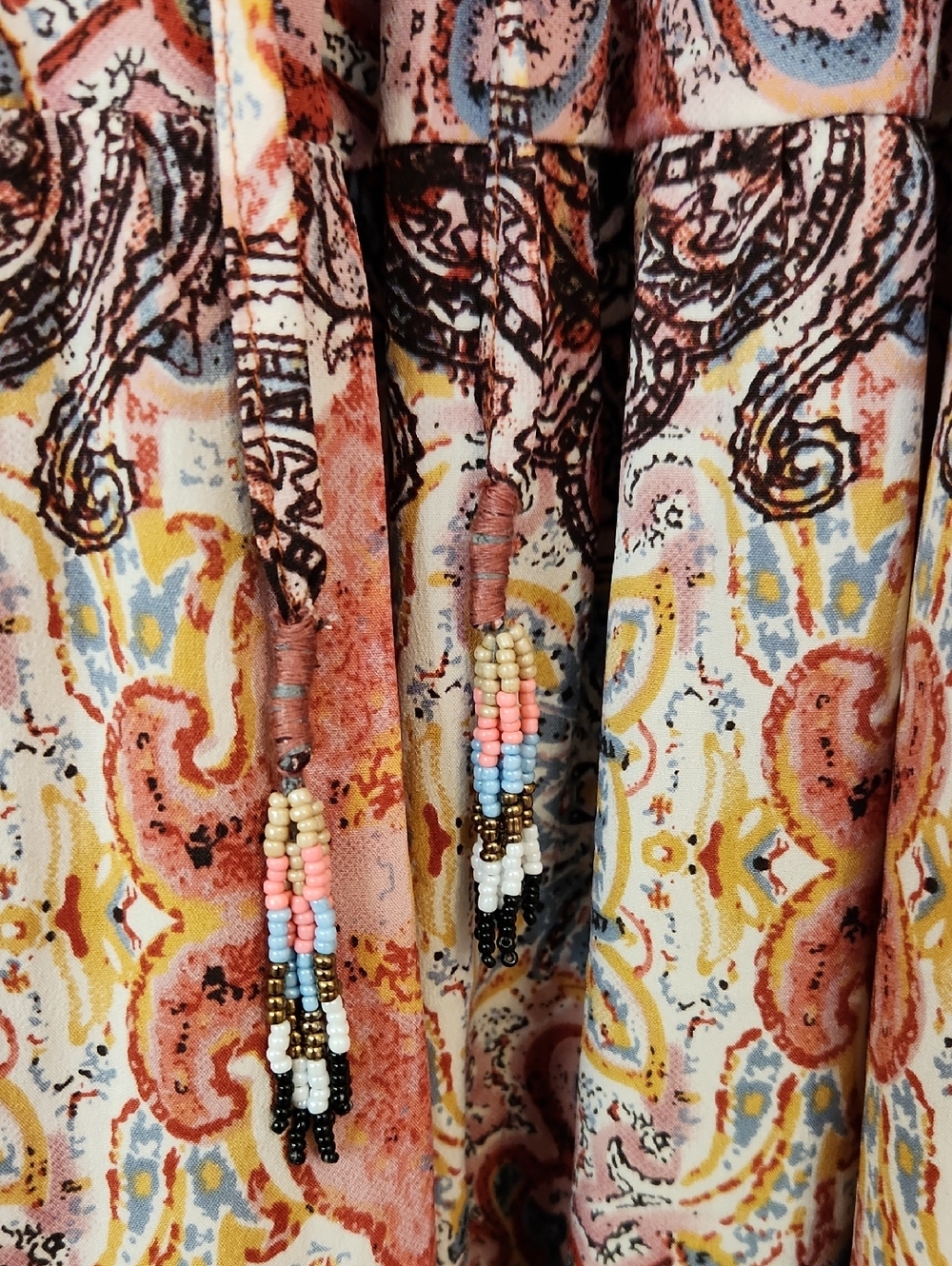 Anthropologie Ragu Paisley Print Pink Motif Tiered Maxi Dress Tassels Size M - Picture 5 of 16